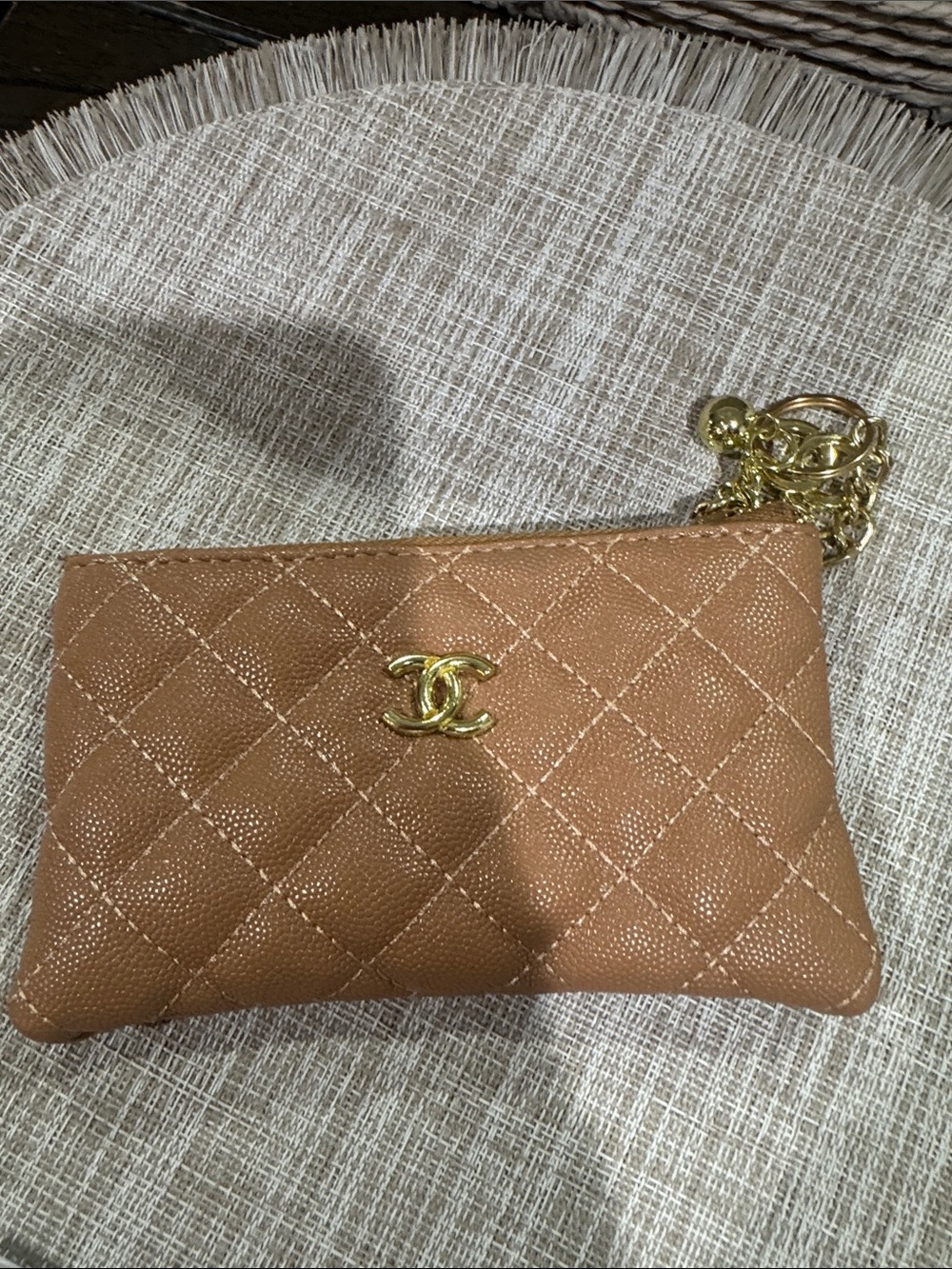 Quilted Caviar Leather Chain Pouch - Tan with Gold Hardware